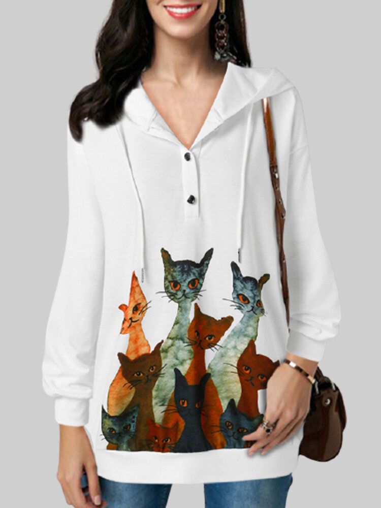 Frauen Multi Cartoon Katze Gedruckt Langarm Süße Weiße Hoodies