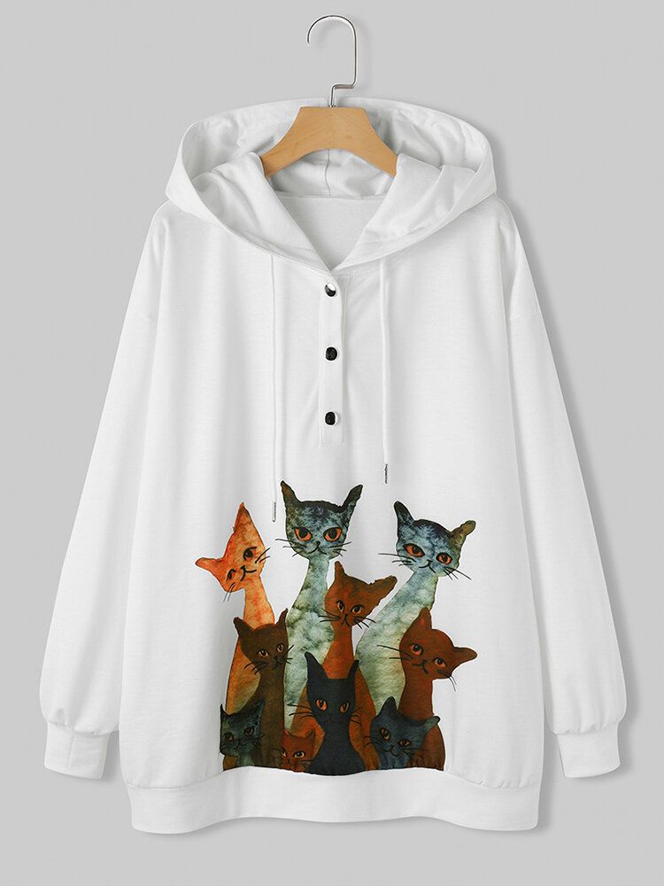 Frauen Multi Cartoon Katze Gedruckt Langarm Süße Weiße Hoodies