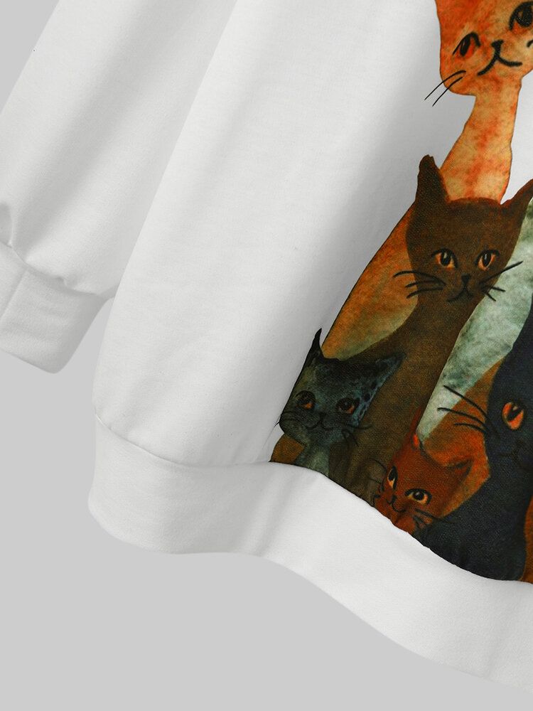 Frauen Multi Cartoon Katze Gedruckt Langarm Süße Weiße Hoodies