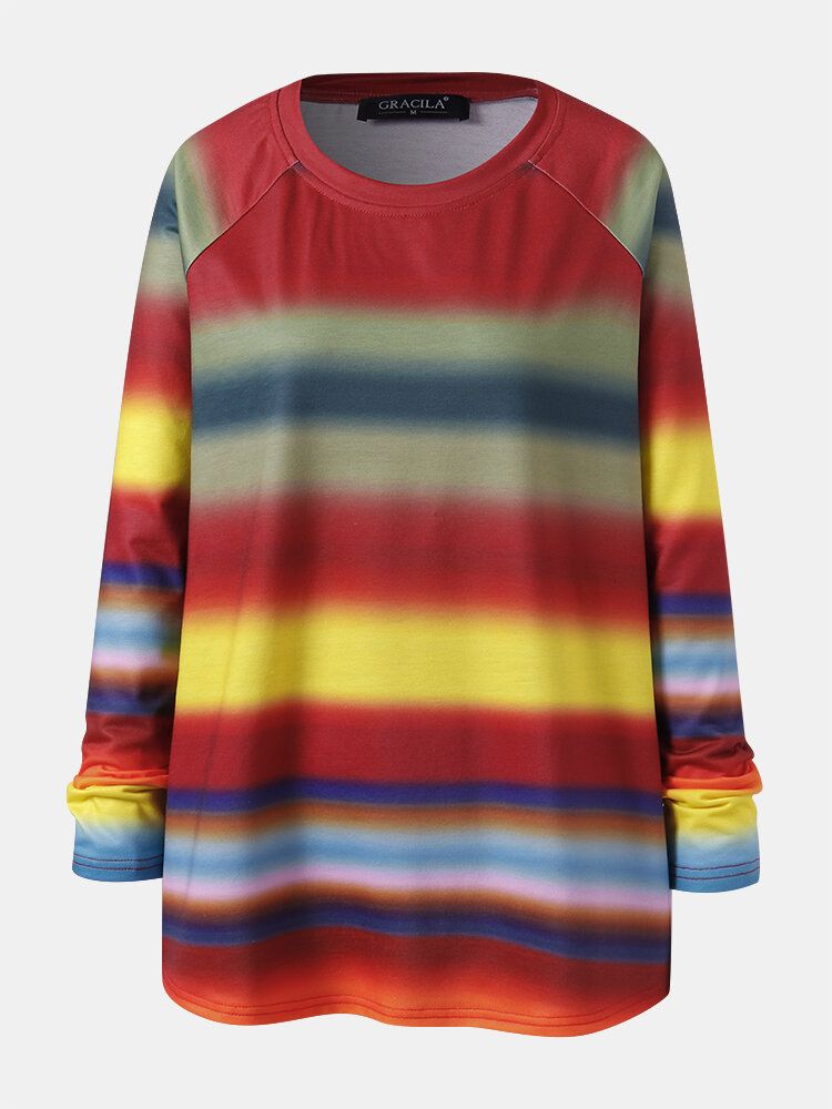 Frauen Multi Color Ombre Striped O-neck Raglanärmel Lässige Sweatshirts