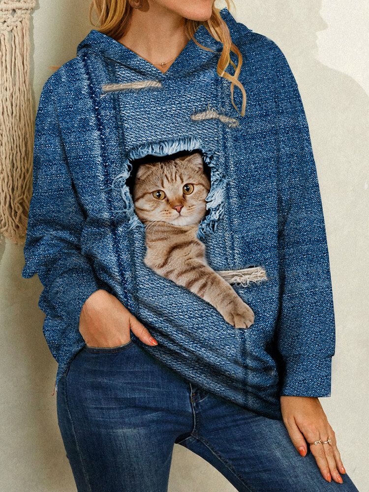 Frauen-nette Karikatur-katzen-druck-lange Hülsen-beiläufige Obenliegende Hoodies