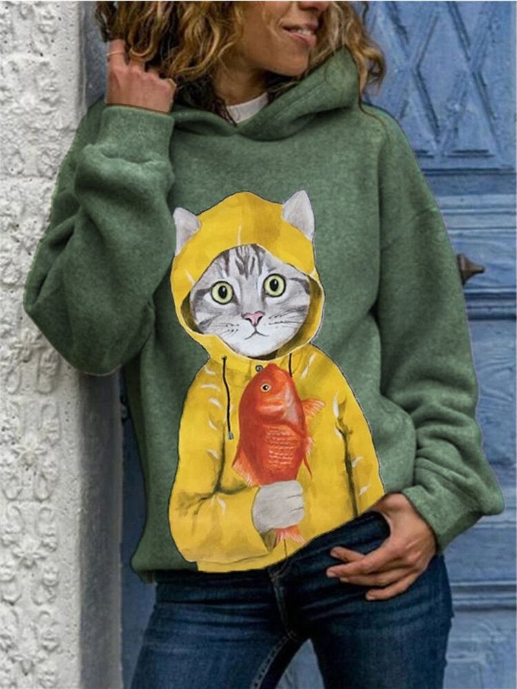 Frauen-nette Karikatur-katzen-grafik-druck-langarm-beiläufiger Pulloverhoodie