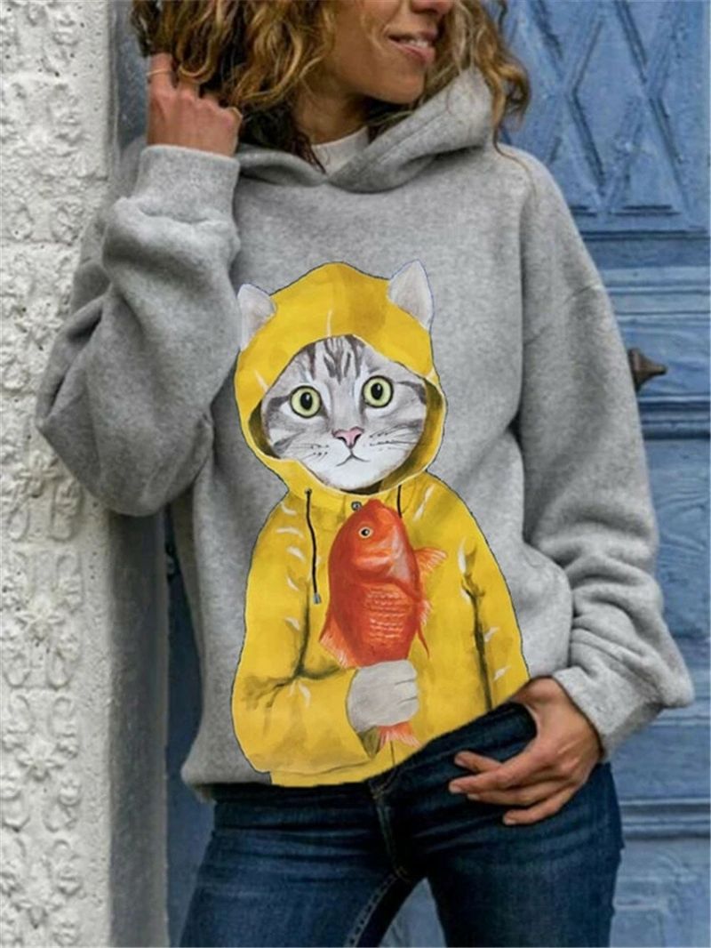 Frauen-nette Karikatur-katzen-grafik-druck-langarm-beiläufiger Pulloverhoodie