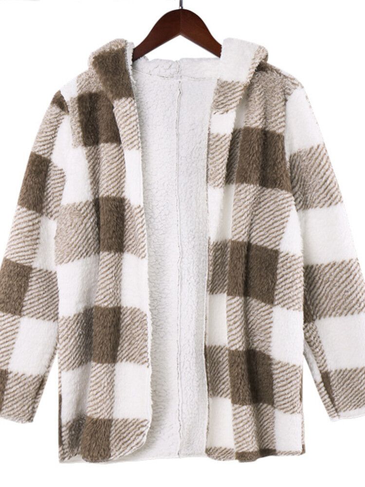 Frauen Plaid Fleece Hood Langarm Warm Casual Kapuzen-sweatshirt