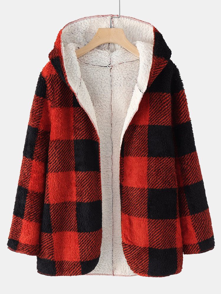 Frauen Plaid Fleece Hood Langarm Warm Casual Kapuzen-sweatshirt