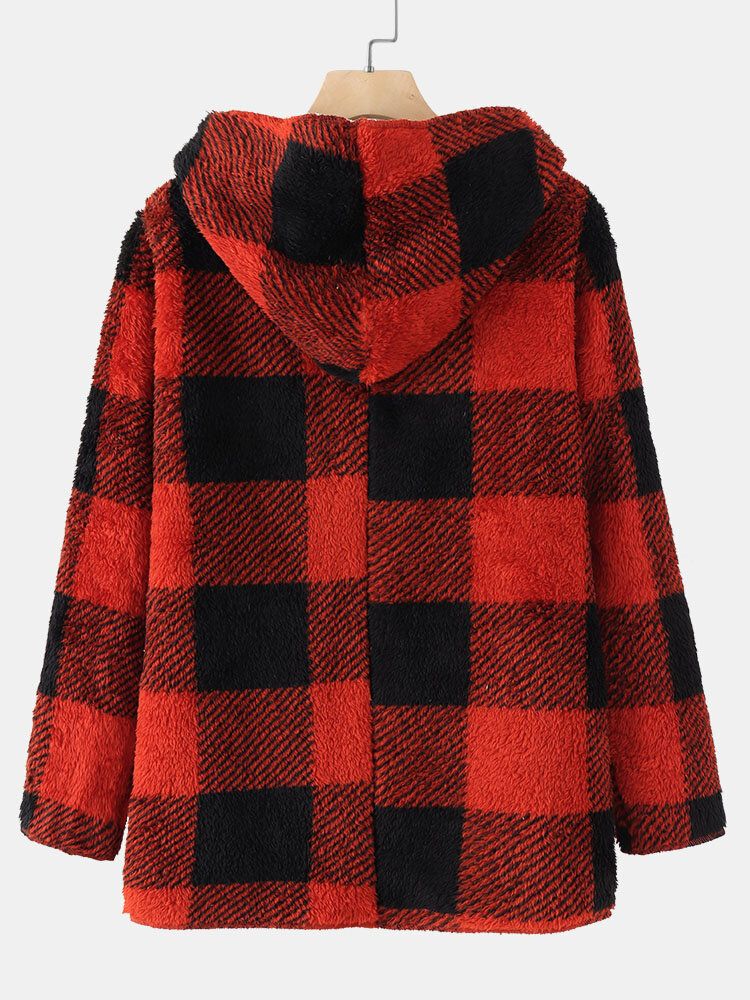 Frauen Plaid Fleece Hood Langarm Warm Casual Kapuzen-sweatshirt