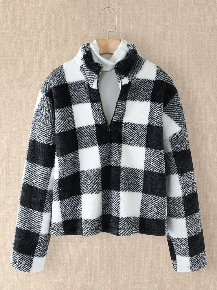 Frauen Plaid Print Half Zipper Front Pullover Sweatshirts Warme Mäntel