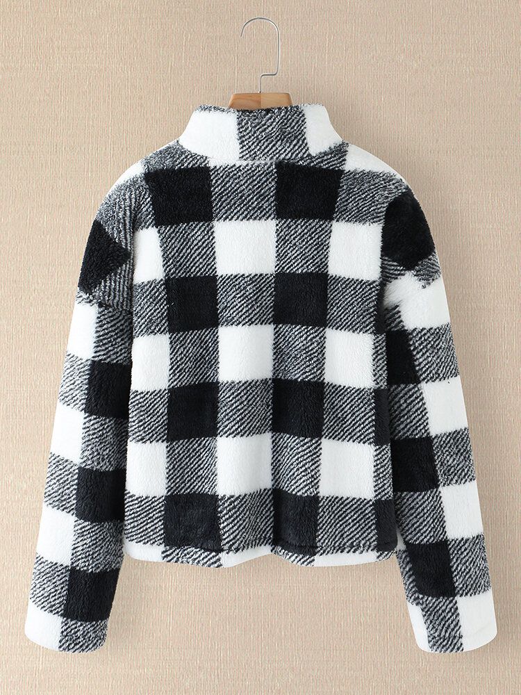 Frauen Plaid Print Half Zipper Front Pullover Sweatshirts Warme Mäntel