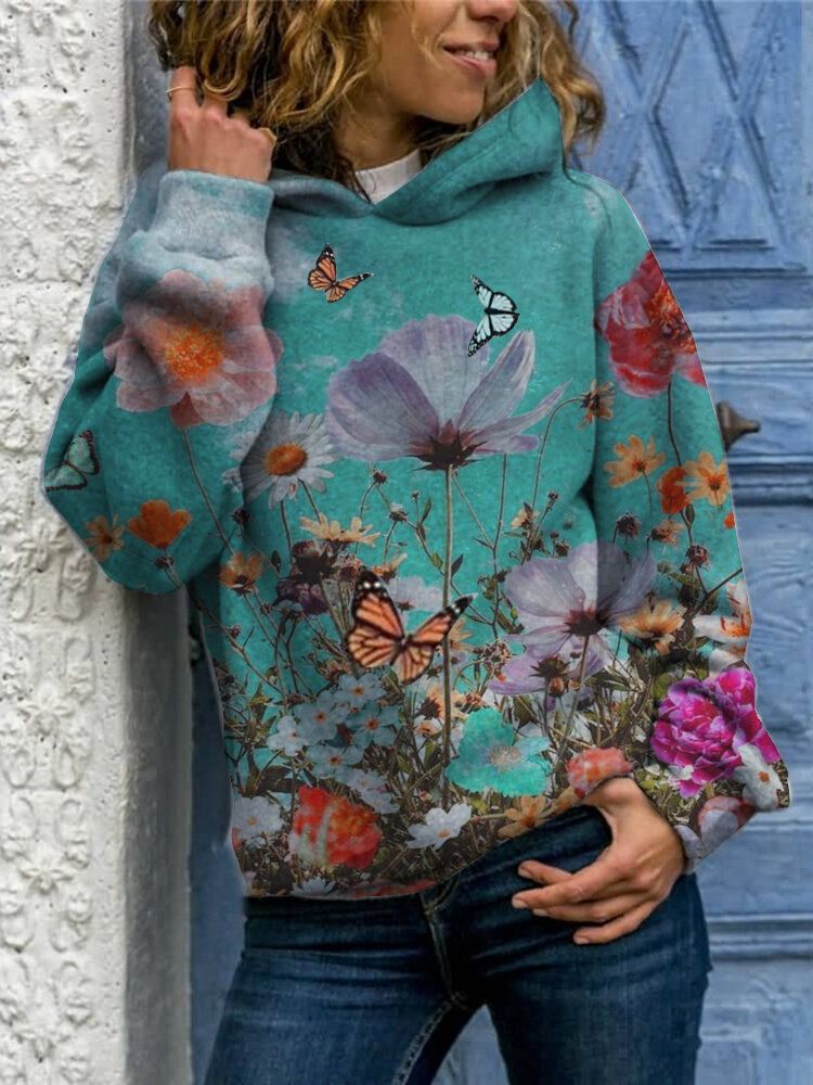 Frauen-schmetterlings-blumen-druck-langarm-beiläufige Pulloverhoodies