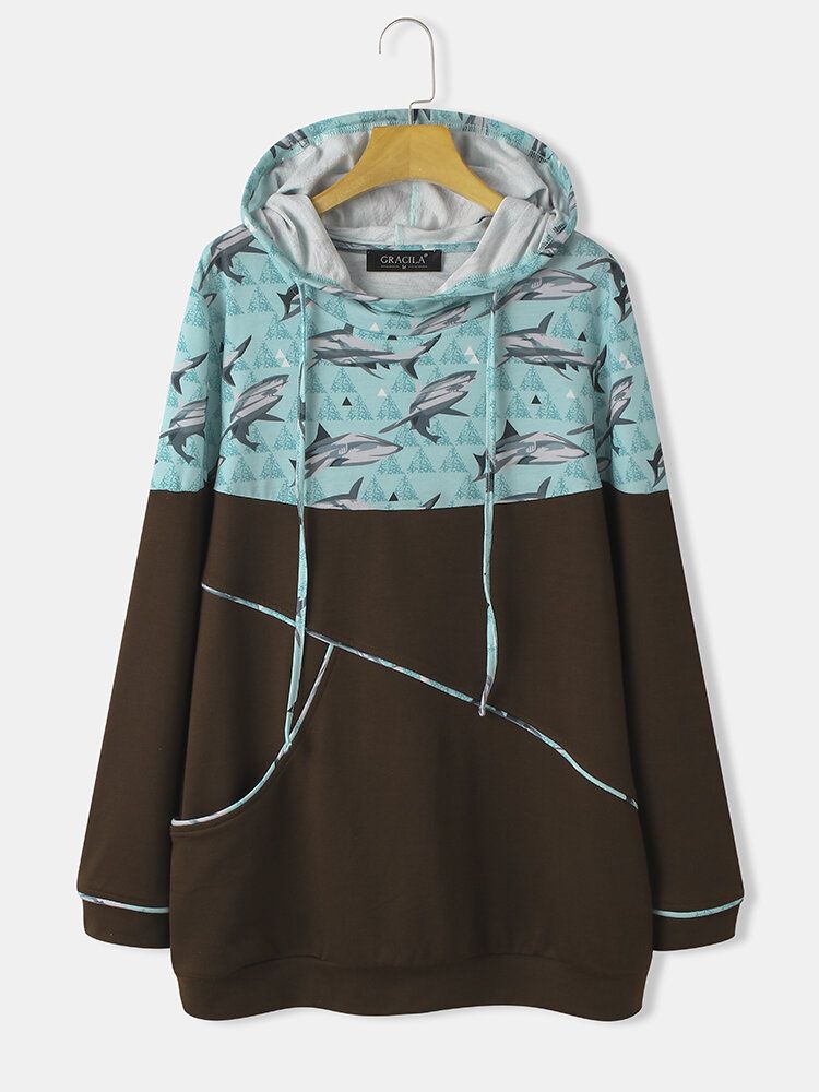 Frauen Shark Print Patchwork Langarm Lässige Hoodies Mit Kordelzug