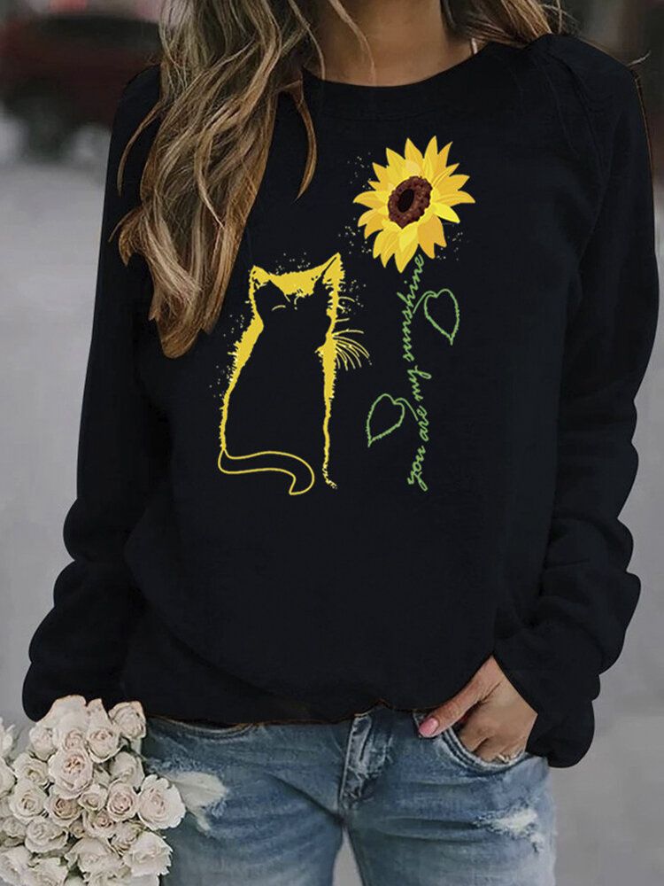 Frauen-sonnenblumen-und Cartoon-katzen-druck-pullover Mit O-ausschnitt Lässige Sweatshirts