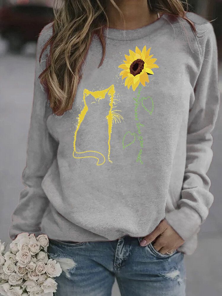 Frauen-sonnenblumen-und Cartoon-katzen-druck-pullover Mit O-ausschnitt Lässige Sweatshirts