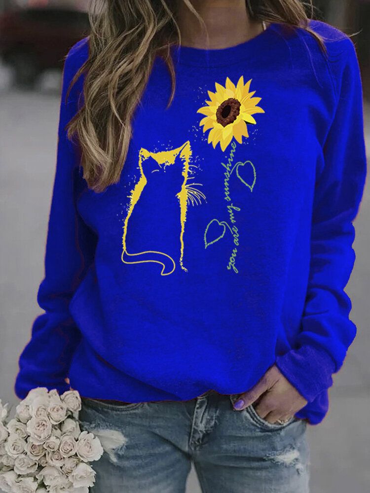 Frauen-sonnenblumen-und Cartoon-katzen-druck-pullover Mit O-ausschnitt Lässige Sweatshirts