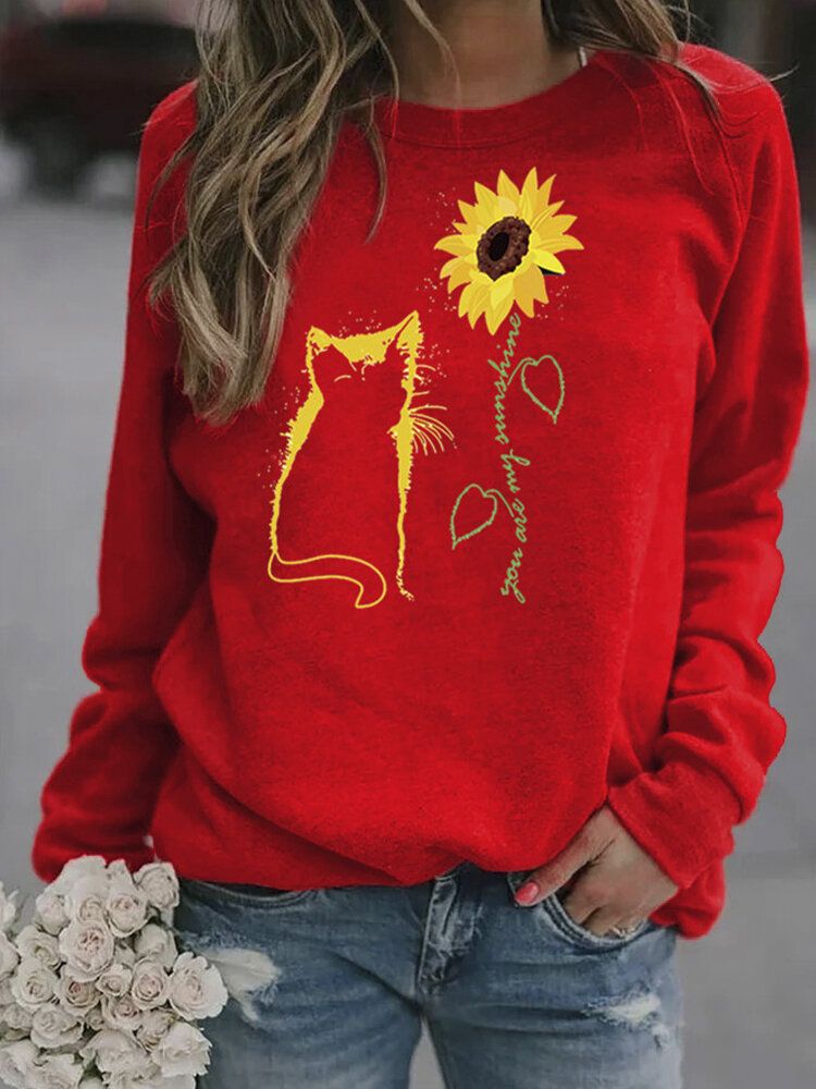 Frauen-sonnenblumen-und Cartoon-katzen-druck-pullover Mit O-ausschnitt Lässige Sweatshirts