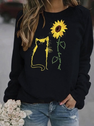 Frauen-sonnenblumen-und Cartoon-katzen-druck-pullover Mit O-ausschnitt Lässige Sweatshirts