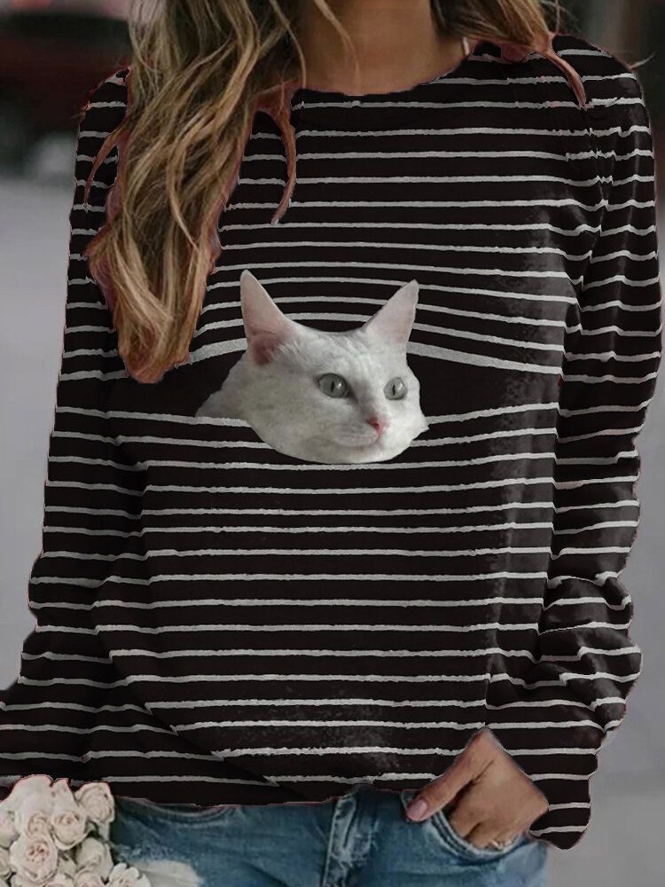 Frauen Stripe Cat Print Pullover Schwarz Lässige Sweatshirts