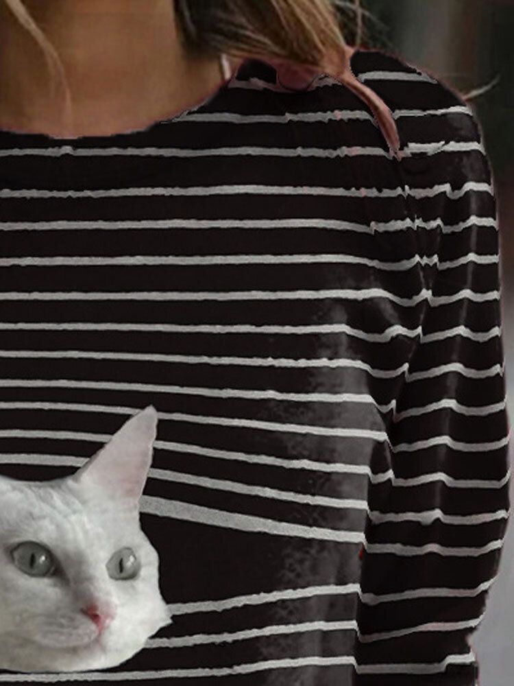 Frauen Stripe Cat Print Pullover Schwarz Lässige Sweatshirts