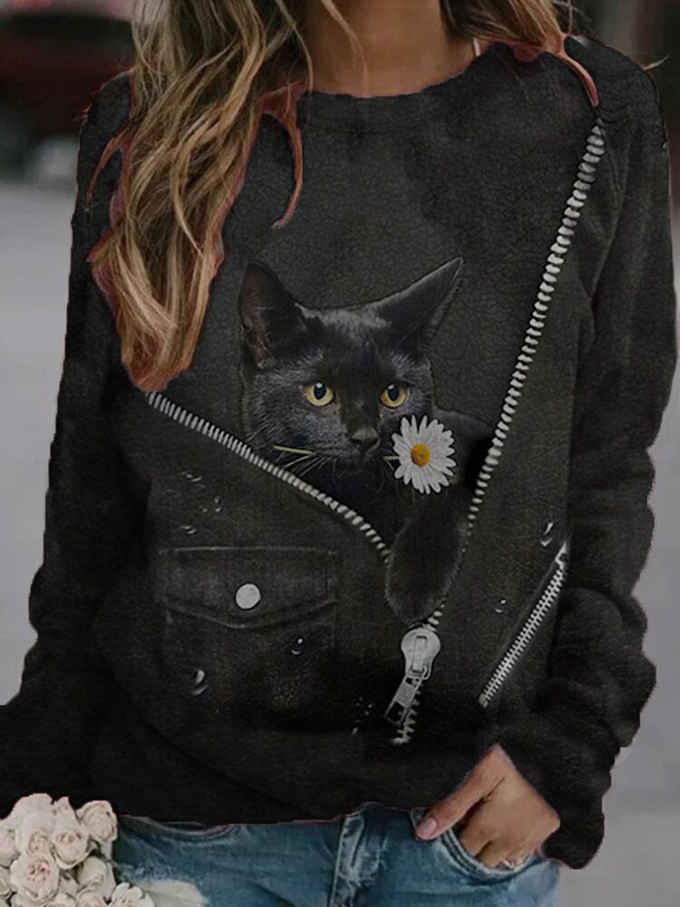 Frauen Süße Schwarze Katze Gänseblümchen Print O-ausschnitt Lässige Langarm-sweatshirts