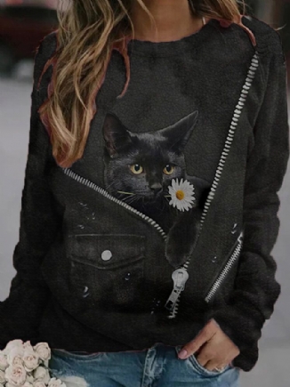 Frauen Süße Schwarze Katze Gänseblümchen Print O-ausschnitt Lässige Langarm-sweatshirts