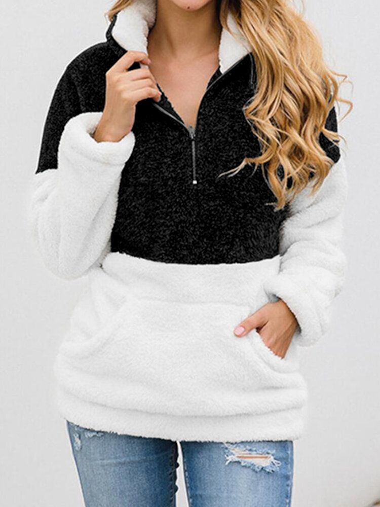 Frauen Teddy Samt Kontrastfarbe Rollkragen Patchwork Street Fashion Plüsch Europäische Sweatshirts