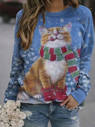 Frauen Weihnachten Allover Cute Cat Printed O-neck Langarm-sweatshirts