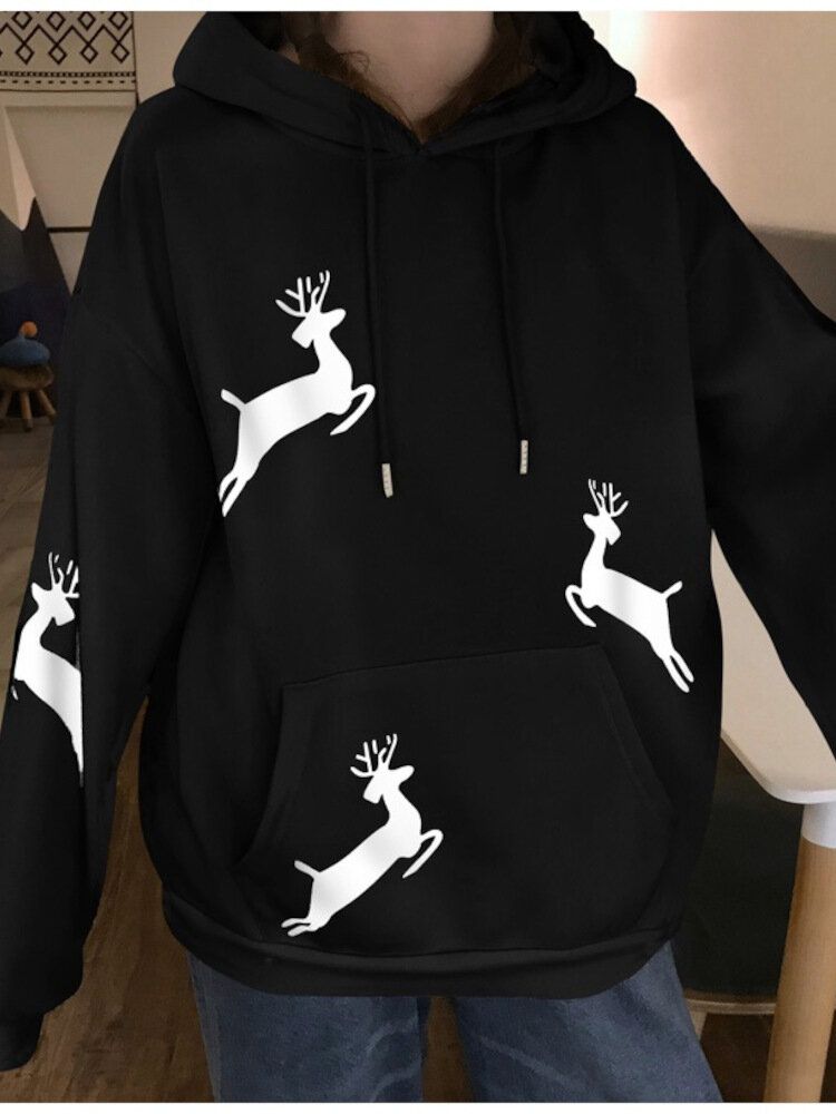 Frauen Weihnachten Bedrucktes Geweih Fleece Dickes Lässiges Kapuzen-sweatshirt