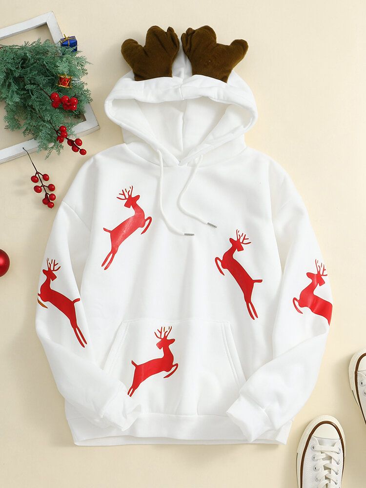 Frauen Weihnachten Bedrucktes Geweih Fleece Dickes Lässiges Kapuzen-sweatshirt