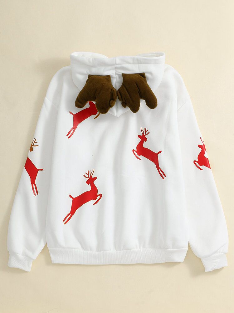 Frauen Weihnachten Bedrucktes Geweih Fleece Dickes Lässiges Kapuzen-sweatshirt