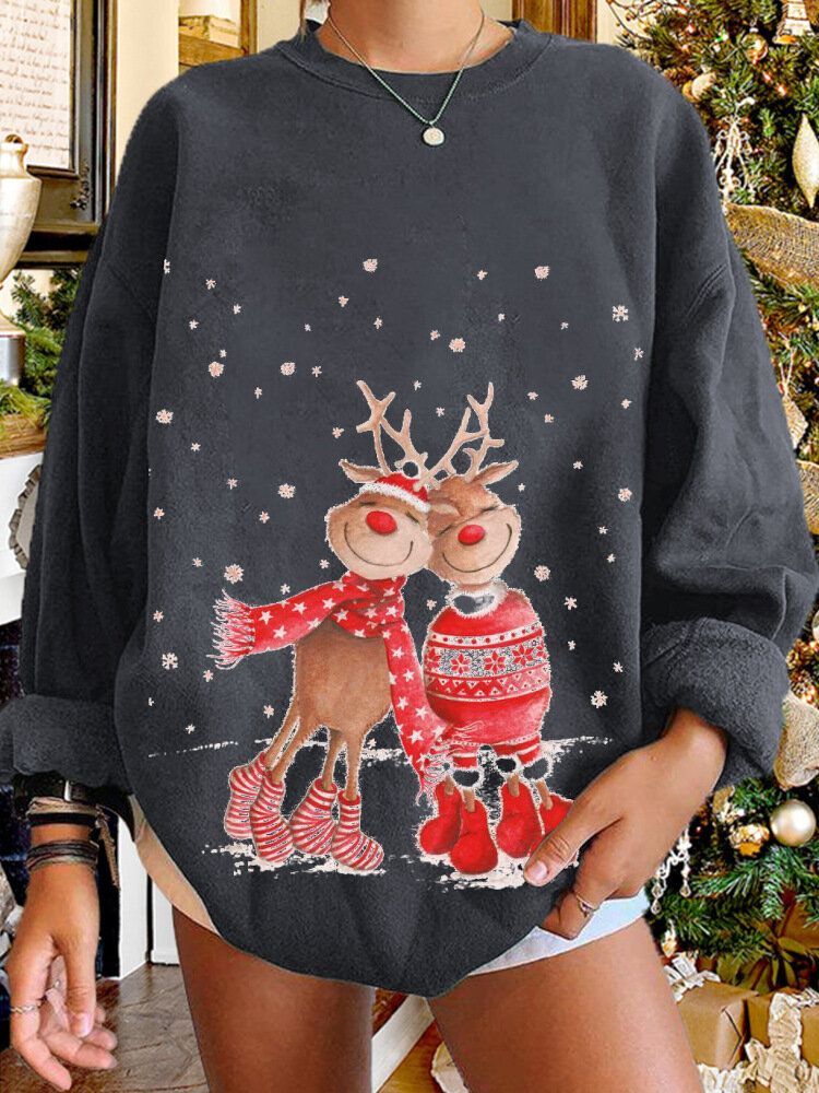 Frauen Weihnachten Elch Cartoon Cerf Schnee Print Lässiger O-ausschnitt Loser Lässiger Pullover