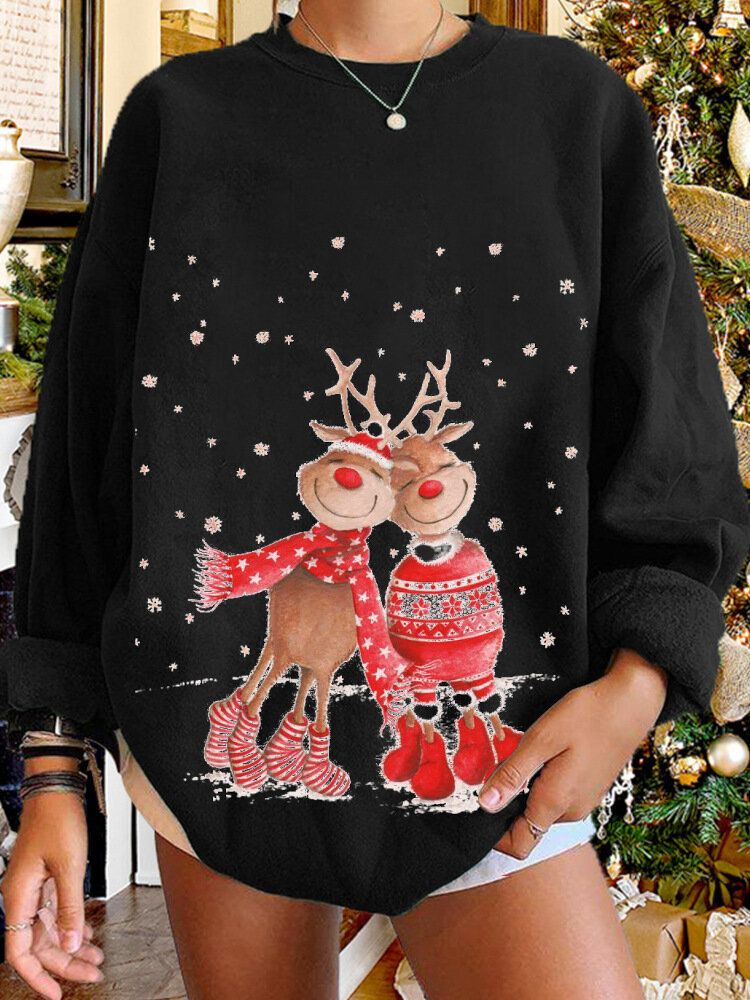 Frauen Weihnachten Elch Cartoon Cerf Schnee Print Lässiger O-ausschnitt Loser Lässiger Pullover