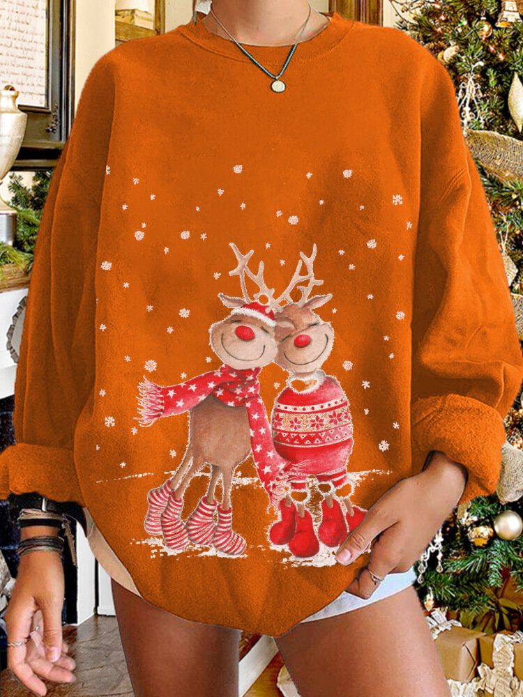 Frauen Weihnachten Elch Cartoon Cerf Schnee Print Lässiger O-ausschnitt Loser Lässiger Pullover