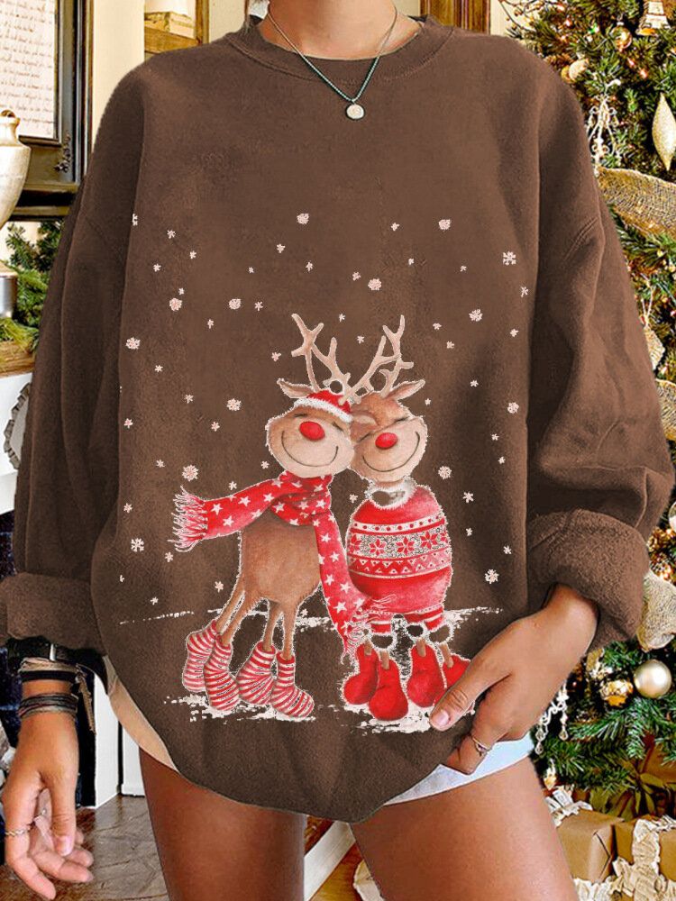 Frauen Weihnachten Elch Cartoon Cerf Schnee Print Lässiger O-ausschnitt Loser Lässiger Pullover