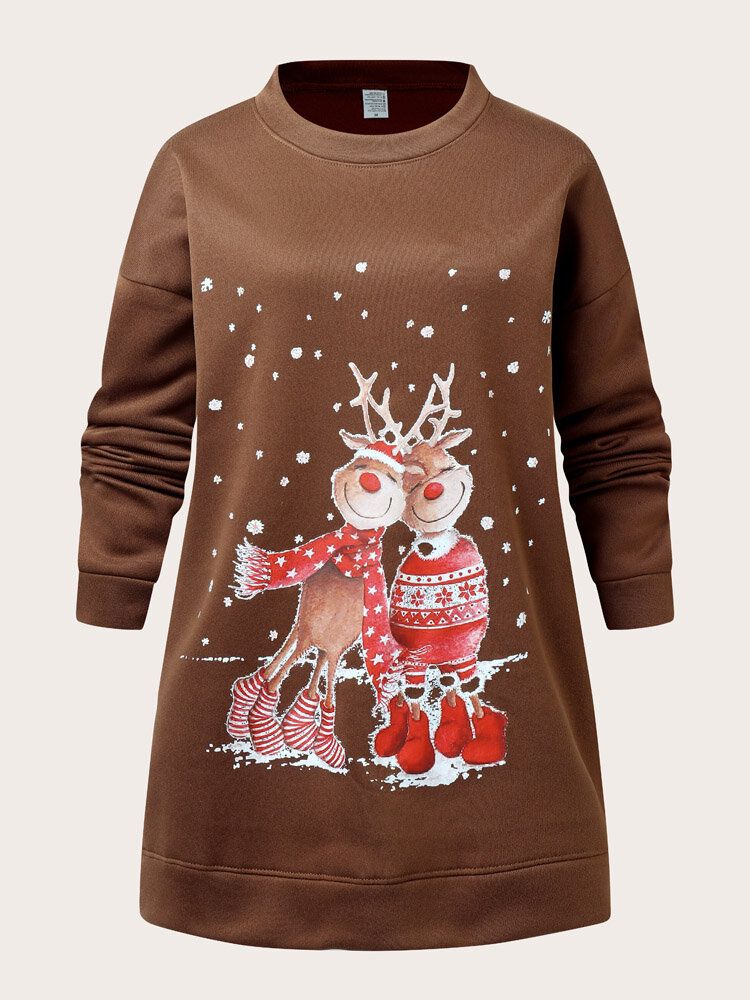 Frauen Weihnachten Elch Cartoon Cerf Schnee Print Lässiger O-ausschnitt Loser Lässiger Pullover