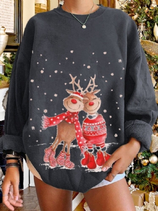 Frauen Weihnachten Elch Cartoon Cerf Schnee Print Lässiger O-ausschnitt Loser Lässiger Pullover