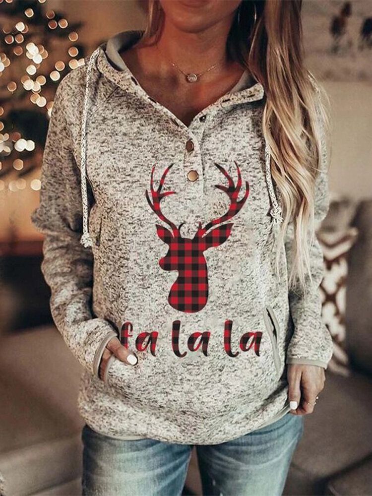 Frauen Weihnachten Elch Letter Print Raglanärmel Kangaroo Pocket Button Collar Hoodies