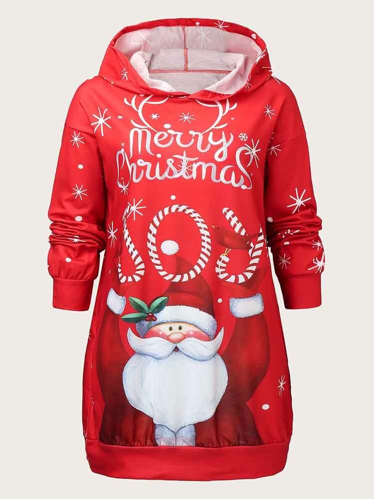 Frauen Weihnachten Weihnachtsmann Muster Seitentaschen Langarm Lässiges Kapuzen-sweatshirt