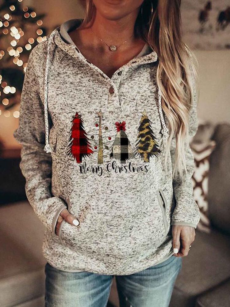 Frauen Weihnachtsbuchstabe Print Raglanärmel Knopfkragen Kordelzug Hoodies Mit Tasche