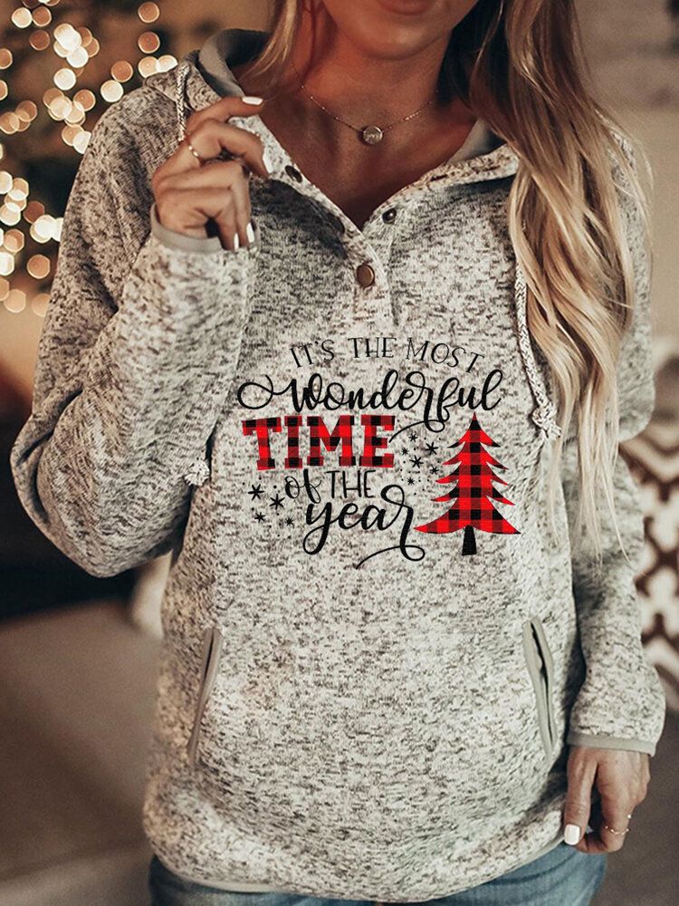 Frauen Weihnachtsbuchstabe Print Raglanärmel Knopfkragen Kordelzug Hoodies Mit Tasche