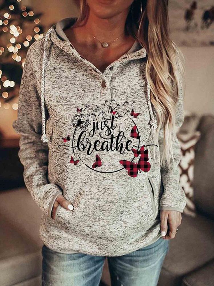 Frauen Weihnachtsbuchstabe Print Raglanärmel Knopfkragen Kordelzug Hoodies Mit Tasche