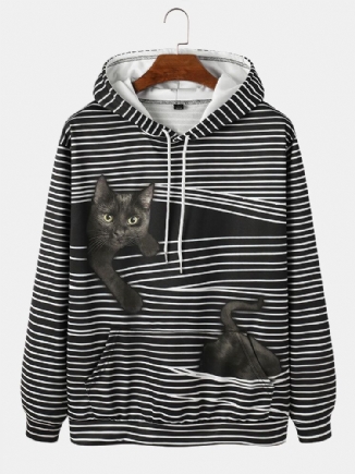 Gestreifter Schwarzer Katzen-print Langärmlige Hoodies Mit Tasche Für Herren