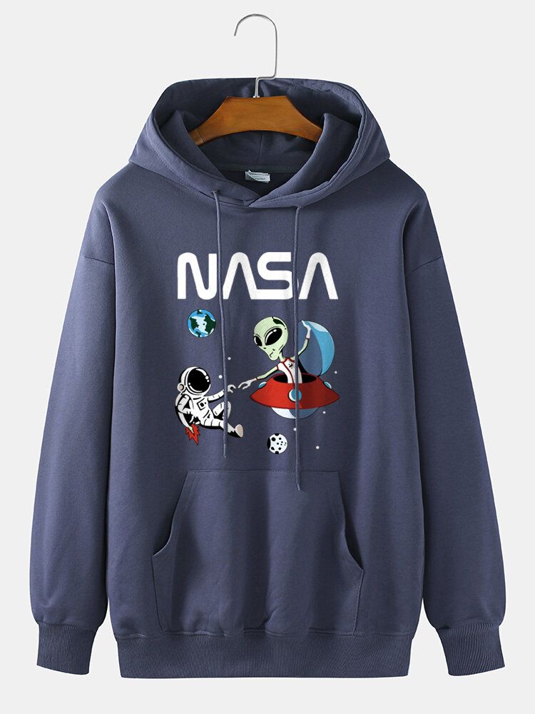 Herren Astronaut Alien Cartoon Print 100% Baumwolle Lässiger Lockerer Hoodie