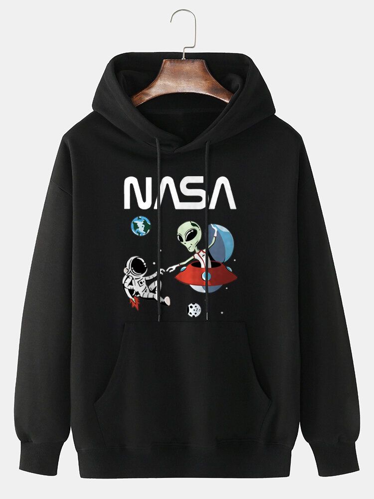 Herren Astronaut Alien Cartoon Print 100% Baumwolle Lässiger Lockerer Hoodie