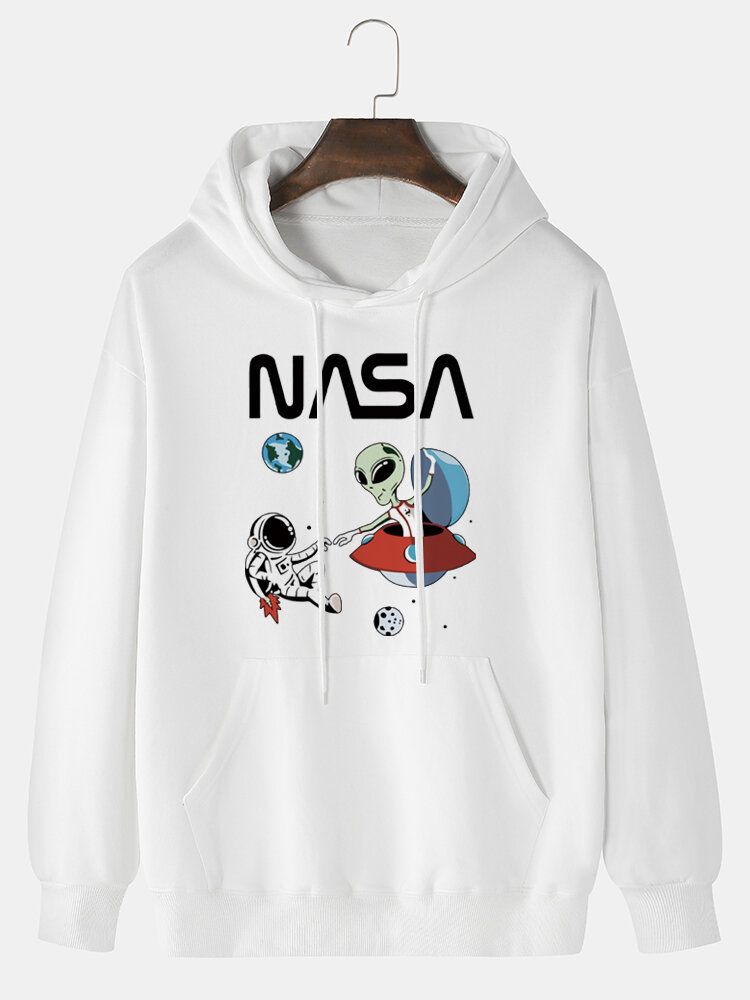 Herren Astronaut Alien Cartoon Print 100% Baumwolle Lässiger Lockerer Hoodie