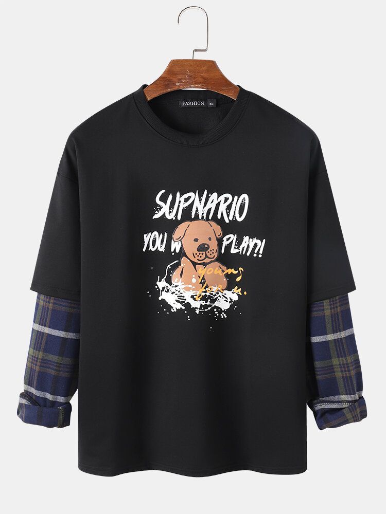 Herren Brief Cartoon Dog Print Drop Shoulder Patchwork Plaid Sweatshirts