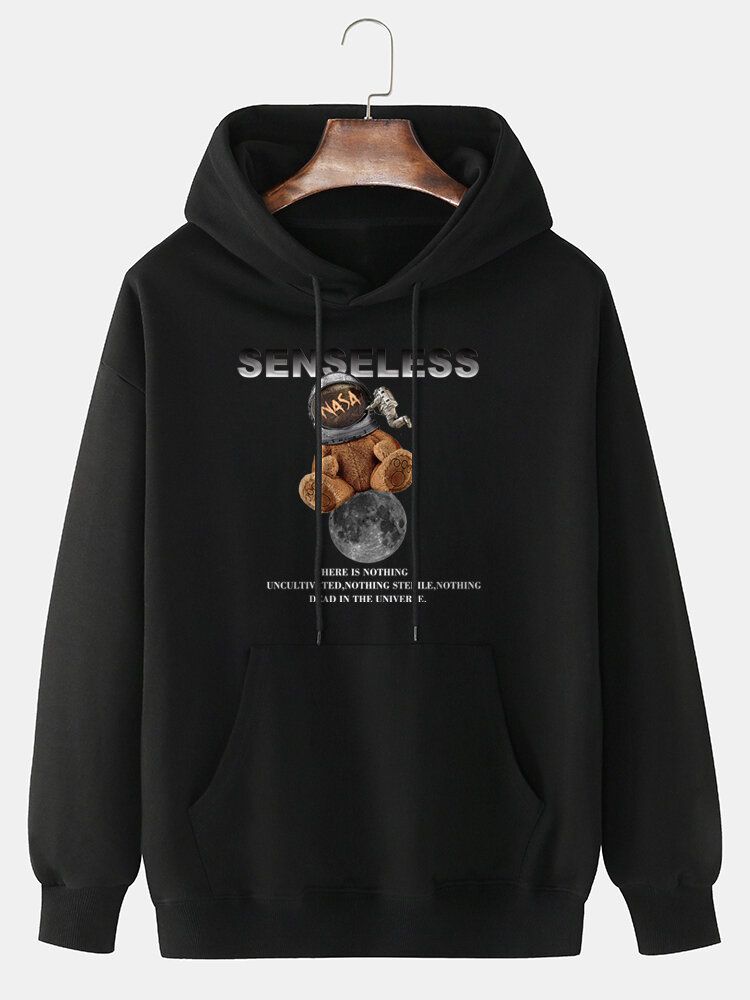 Herren Cartoon Bear Astronaut Print Lässige Hoodies Aus 100 % Baumwolle Mit Kordelzug