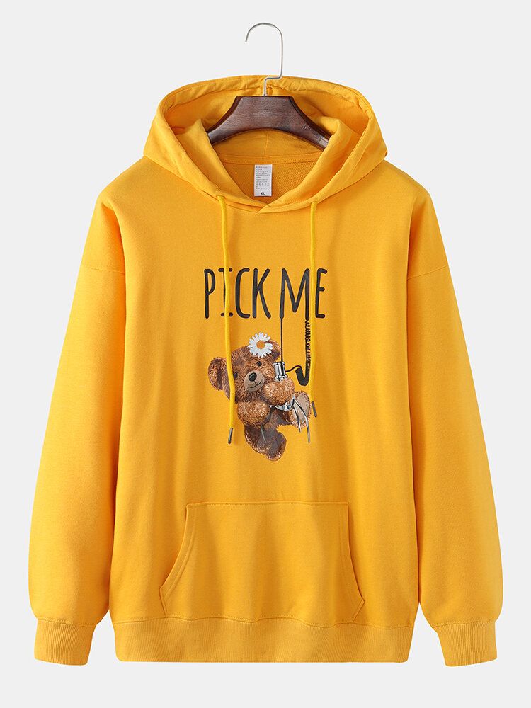 Herren Cartoon Doll Bear Letter Print Drop Shoulder Hoodies Mit Tasche