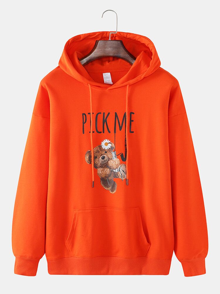 Herren Cartoon Doll Bear Letter Print Drop Shoulder Hoodies Mit Tasche