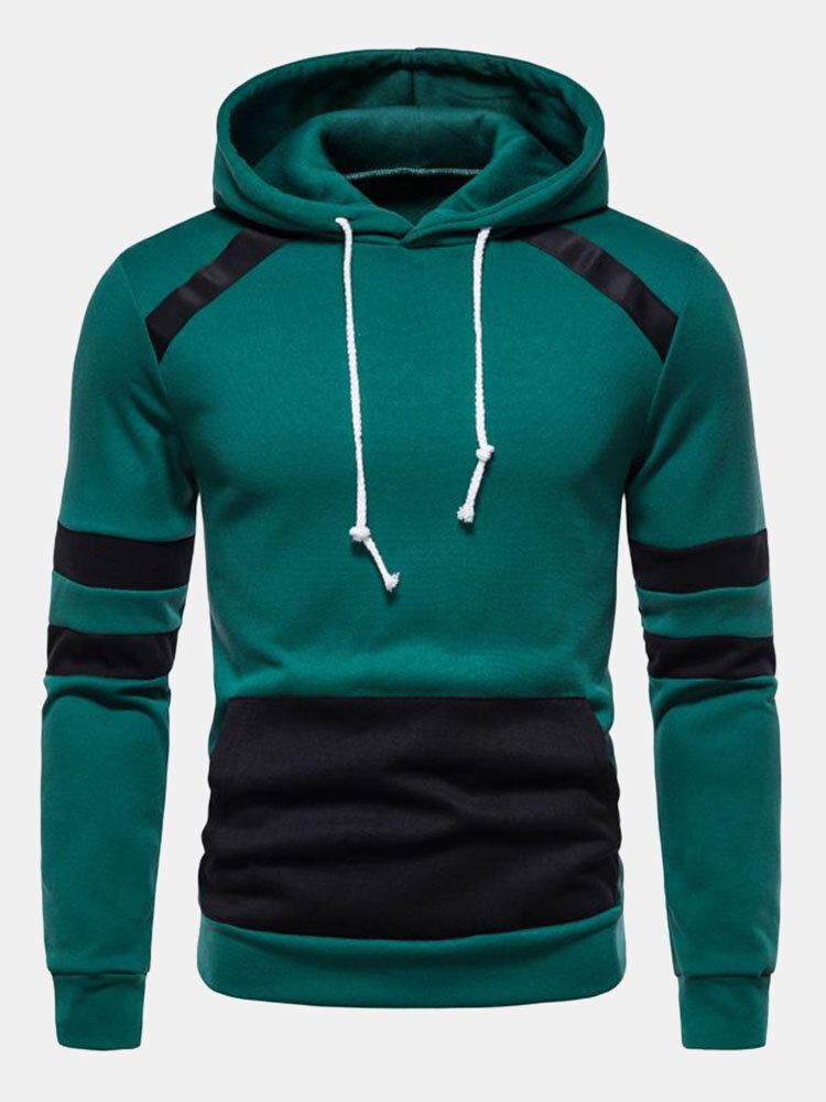 Herren Color Block Strip Patch Kängurutasche Kordelzug Lässiges Kapuzen-sweatshirt