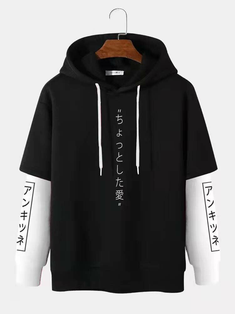 Herren Colorblock Faux Zweiteiliges Kapuzen-sweatshirt Mit Japanischen Buchstaben