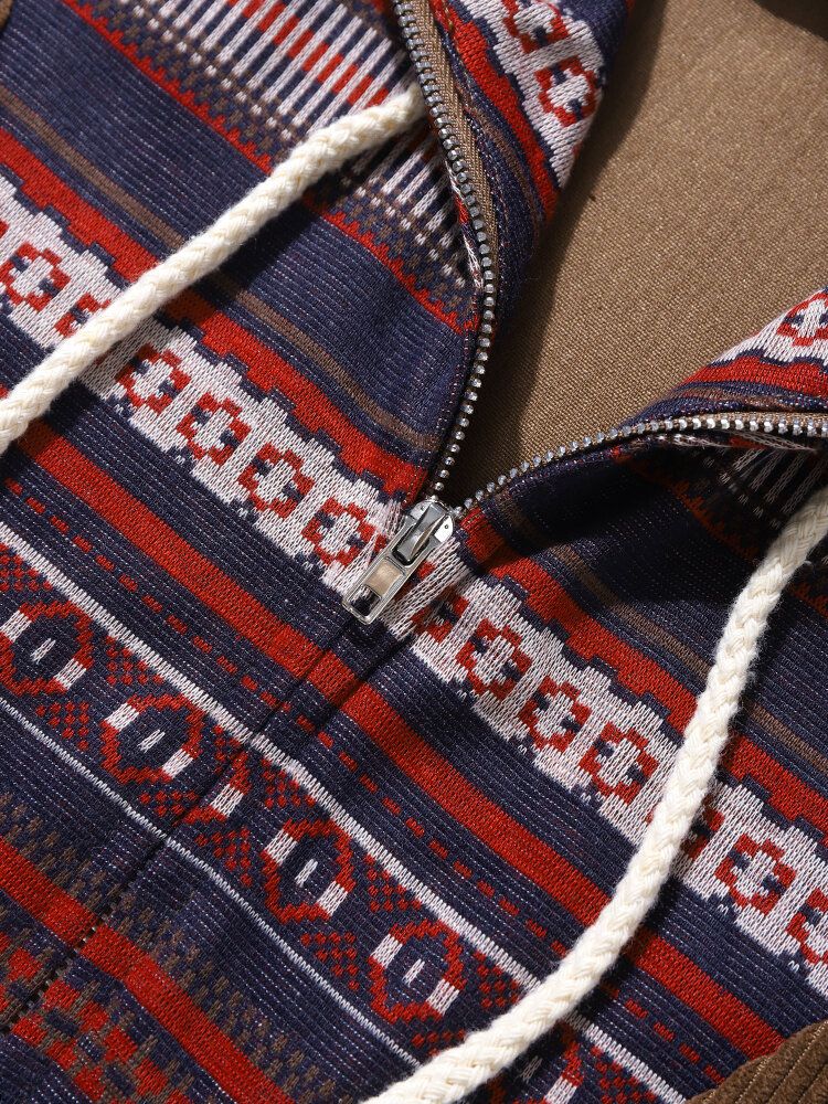 Herren Cordspleiß Pathes Kapuzen-sweatshirt Im Ethno-stil Mit Kängurutasche Und Halbem Reißverschluss